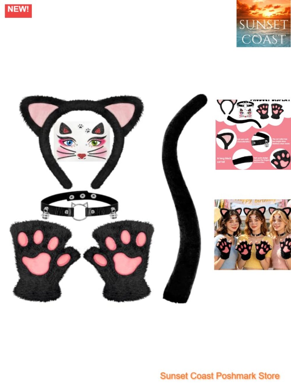 Black Cat Costume Kit Ears Headband Tail Paw Gloves Bell Collar Heart Glasses